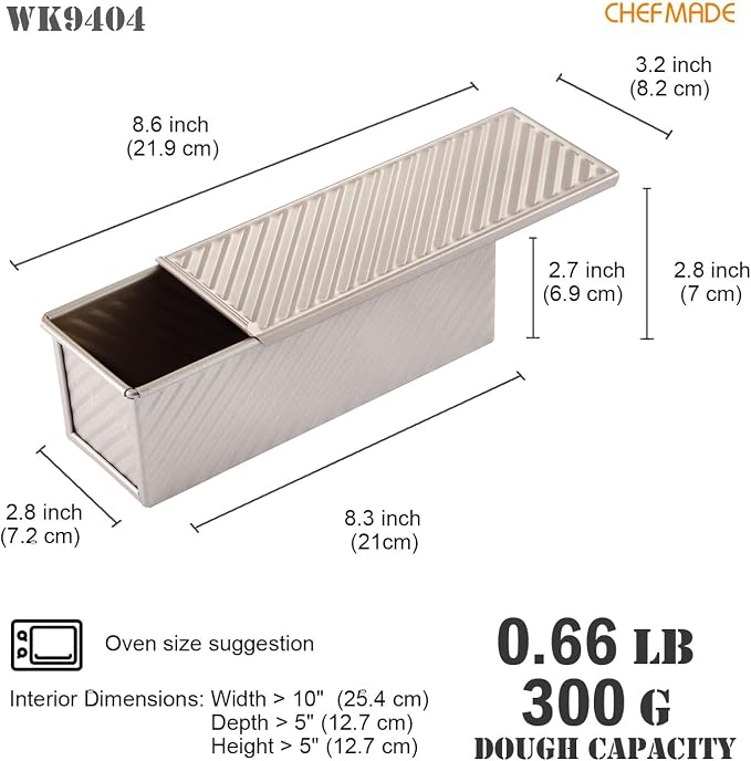 CHEFMADE Mini Pullman Loaf Pan with Lid, 0.66Lb Dough Capacity Non-Stick Rectangle Corrugated Toast Box for Oven Baking 2.8" x 8.3"x 2.7"(Champagne Gold)