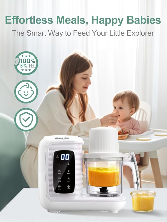 MOMYEASY Baby Food Maker, Food Steamer with Dual-Layer Steam Basket, White | 5 in 1 Baby Food Processor, Steamer & Blender for Healthy Homemade Baby Food, Baby Feeding Essentials