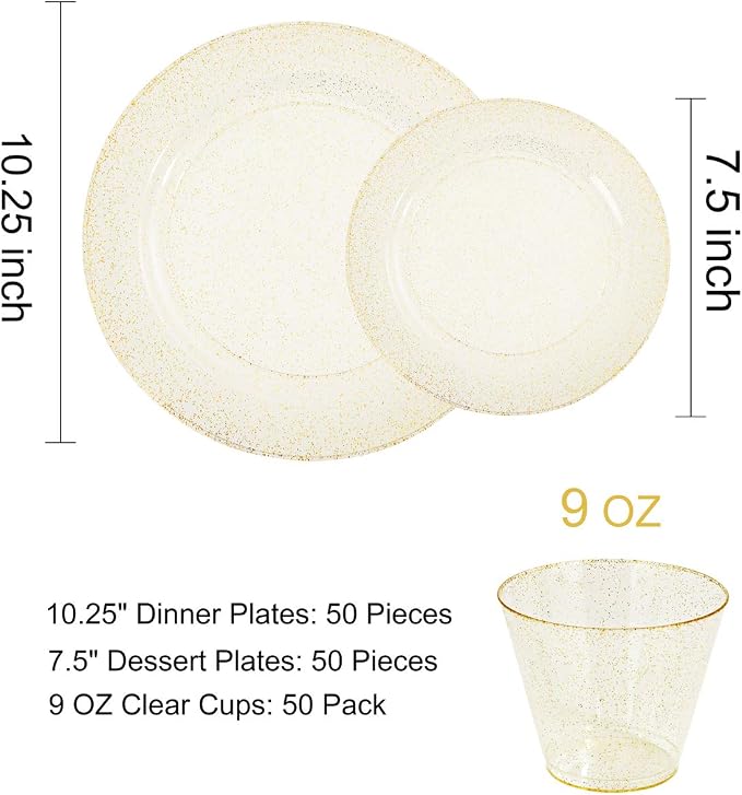 DaYammi 350Pcs Gold Glitter Dinnerware Set 50 Guest for Party Gold Plates Disposable - 50 Dinner Plate,50 Dessert Plate,50 Per Rolled Napkins with Gold Cutlery,50 Plastic Cups 9 OZ for Party Wedding