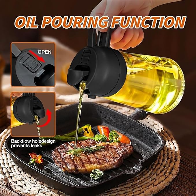Glass Olive Oil Sprayer for Cooking-TrendPlain 16oz/470ml – 2 in 1 Olive Oil Dispenser Bottle for Kitchen Gadgets and Air Fryer Accessories, Salad, BBQ - Black