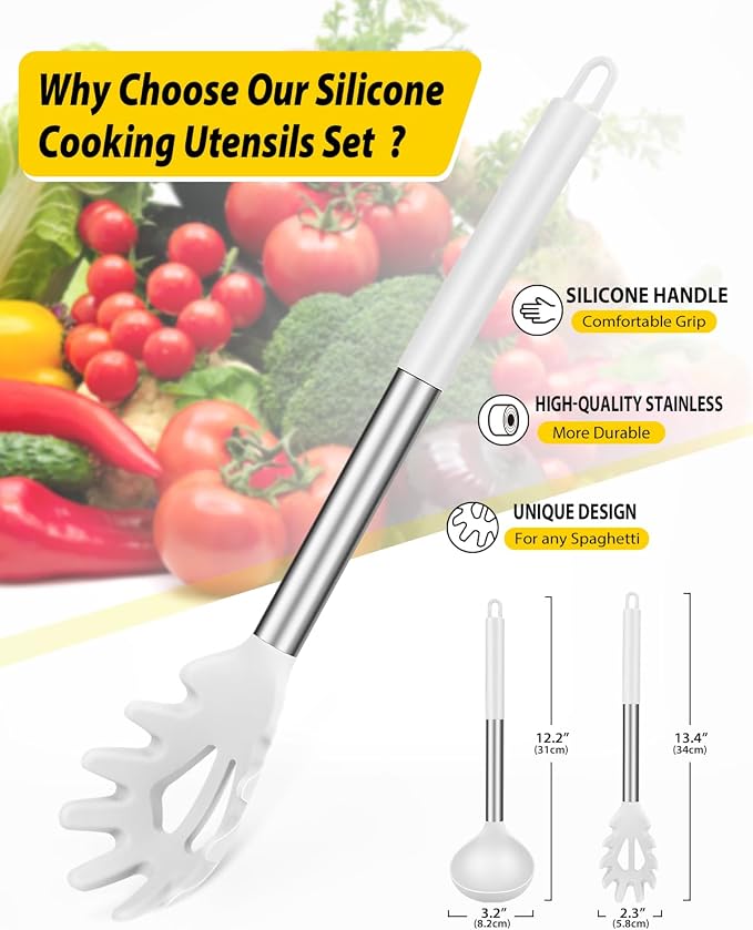 BUNDLEPRO Silicone Pasta Fork and Ladle Spoon Set, 2 Pack, White | Large Non Stick, High Heat Resistant Kitchen Utensils for Cooking,Stirring,Serving Spaghetti, Soup, Sauce