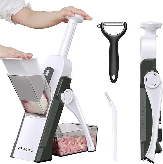 5 in 1 Adjustable Safe Mandoline Slicer for Kitchen with Paring Knife | Safe Mandoline Slicer for Kitchen, Easy to Clean/Storage, Potato Slicing, Strips, Shredding, Dicing, Chop, Cleaning brush