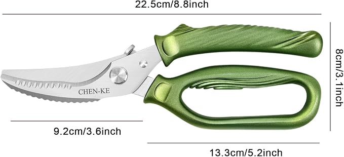 CHEN-KE Rust Resistant Heavy Duty Multipurpose Kitchen Shears-Green | Stainless Steel Kitchen Scissors, One-Hand, Ergonomic Grip, Sharp Durable Poultry Scissors for Chicken, Meat, Food Cutting