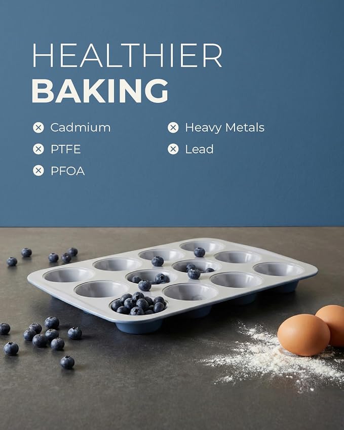 CARTMAN Ceramic Muffin Pan 12 Cup with 200 Cupcake Liners, Non-Stick & Non-Toxic Baking Tin for Healthy Muffins and Cupcakes, Perfect for Home Kitchens and Parties