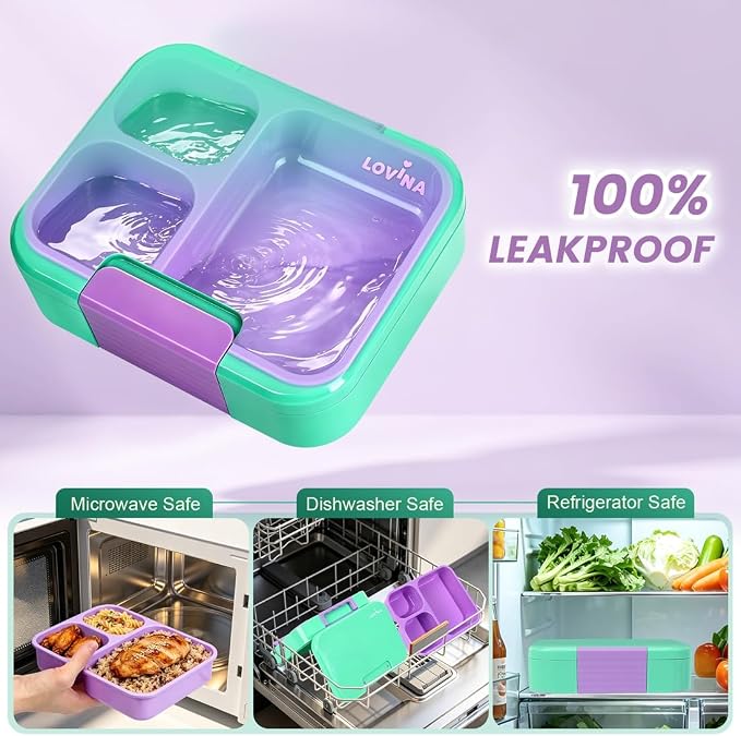 LOVINA Bento Lunch Box Set For Kids Adult With Thermo Bag, BPA-Free | 36OZ Leak-Proof Lunch Box Kids Kit, All-in-One Kit with DIY Stickers Sauce Cup for Work, School, Dining Out(Aqua Green)