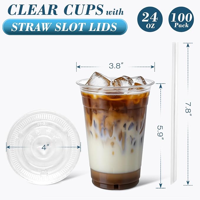 Ginkgo 100 Pack 24oz Clear Plastic Cups with Lids and Straws | Leak-Proof & Sturdy Disposable To Go Iced Coffee Cups for Smoothies, Lemonade