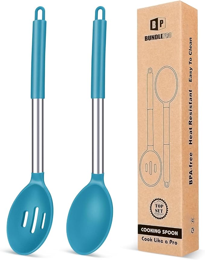 BUNDLEPRO Silicone Cooking Spoons for Non Stick Cookware, 2 Pack, Blue | Heat Resistant, Large Kitchen Spoons for Mixing, Serving, Draining, Stirring