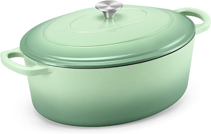 TeamFar 7QT Oval Dutch Oven, Enameled Cast Iron Dutch Oven Pot with Lid | For Bread Baking/Stewing/Braising/Frying, Suitable for Various Stoves, Non-stick & Easy Clean, Pistachio Green