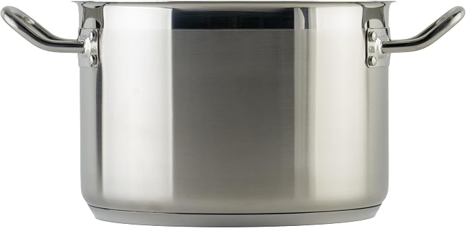 Winco Silver 8 qt Stainless Steel Stock Pot with Cover | Dishwasher safe, Heavy-duty, Tri-ply construction, Riveted handles, Wide base, Great for Stocks, Soups and Batch Cooking