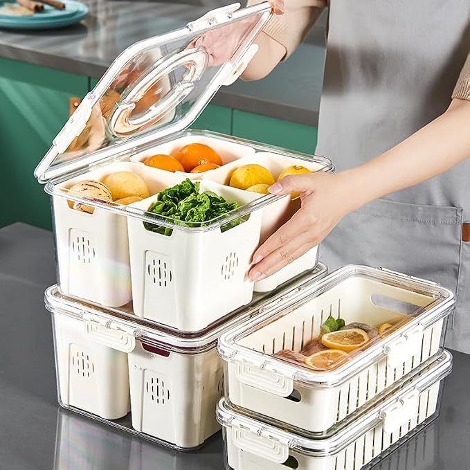 Fruit Storage Containers for Fridge with Lid and Handle, Veggie Tray Bins | Portable Fresh Produce Saver, Food Storage Container with 4 Removable Strainers,Salad Bar for Berry, Vegetable, Refrigerator