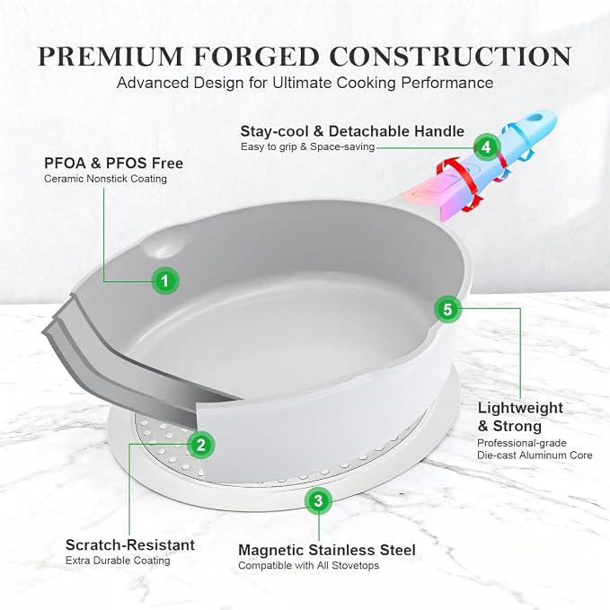 AIKENBBKK Small Egg Frying Pan Nonstick, 8 Inch Ceramic Skillet, Non Stick Omelette Pan, Non Toxic Pans for Cooking, Induction Cookware, Compatible with All Stoves, Detachable Handle, Oven Safe, White
