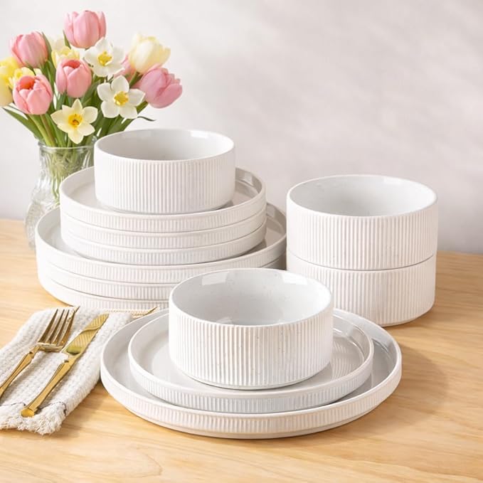 GBHOME Stoneware Dinnerware Sets for 4, 12 Pieces Plates and Bowls Set | Lightweight Ceramic Ribbed Dishes, Reactive Glaze Stackable Plate Set, Scratch Resistant, Microwave & Dishwasher Safe,White