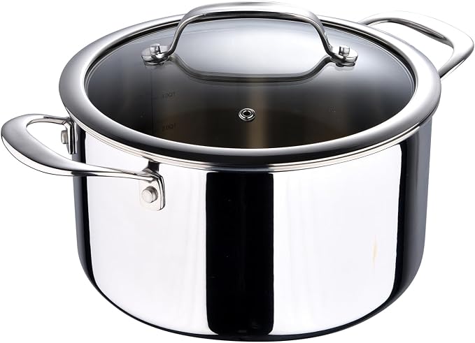 Bergner Argent Collection 4.5 Quart Tri-Ply Stainless Steel Dutch Oven with Tempered Glass Lid - Even Heat Distribution, Riveted Stay-Cool Handle, Induction Compatible, Dishwasher Safe