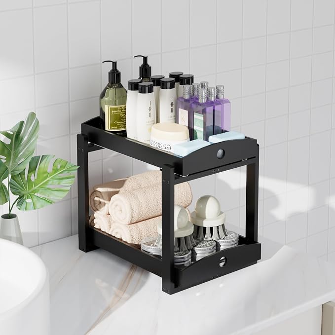 2 Pack Bamboo Under Sink Organizer, 2-Tier Sliding Drawers for Cabinets | Pull-out drawers keep cleaners and tall bottles visible, organized and easy to reach in kitchen or bathroom cabinets
