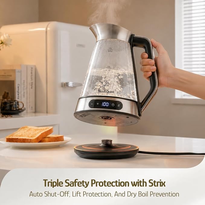 Hazel Quinn Glass & Stainless Steel Electric Kettle, 1.5 Liters Tea Kettle | Quiet Boil, ±1°C Temp Control, 24H Keep Warm, Anti-Residue Bottom, Auto Shut-Off, BPA-Free Hot Water Kettle, 1000W Fast Boil