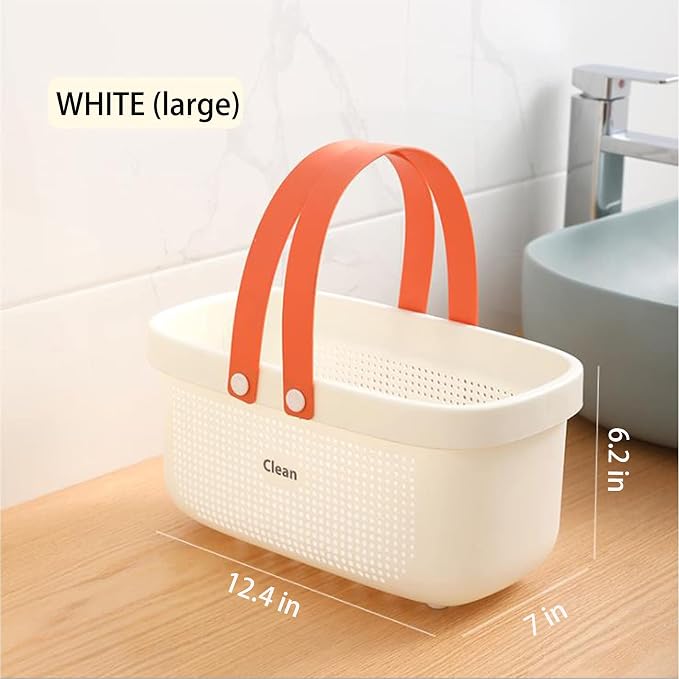 JiatuA Plastic Storage Basket with Handle Portable Shower Caddy Tote Organizer Basket Bin for Bathroom Kitchen Dorm Room Bedroom, White | Sturdy Drainage Large Capacity Organizer Basket with Silicone Handles for Bathroom Kitchen Bedroom College Dorm Es...