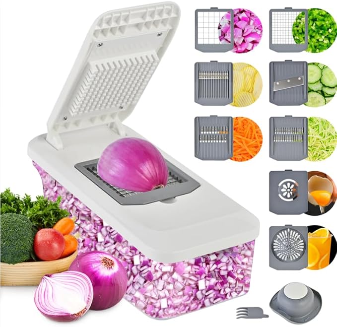 SUSTEAS Vegetable Chopper Mandoline Slicer, 6 Blade Chopper, 10-in-1 Gray | Onion Potato Dicer, Veggie Cutter for Salad, Carrot, Cucumber Home Kitchen Gadgets Accessories Essentials(Grayish White)