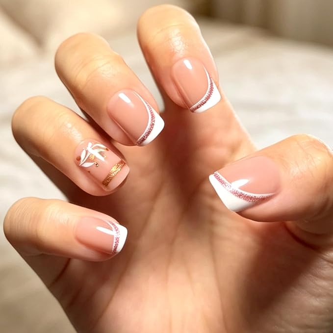 Press on Nails, 6 Packs (144 Pcs) Medium Almond Sets, Wedding French | 6-Style 12 Sizes, Glossy, Salon Quality, Reusable Full Cover, Pink Green Flower & Extra Short French Fake Nails