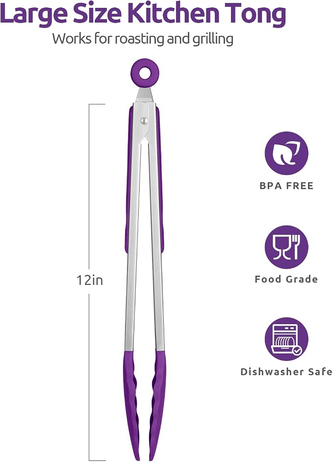 U-Taste Kitchen Tong for Cooking, 600ºF Heat-Resistant Tps, 12in/Purple | Large Tongs for Serving Food, Big Rubber Tong for Grill/BBQ, Silicone Tips & 18/8 Stainless Steel Handle, Smooth Locking