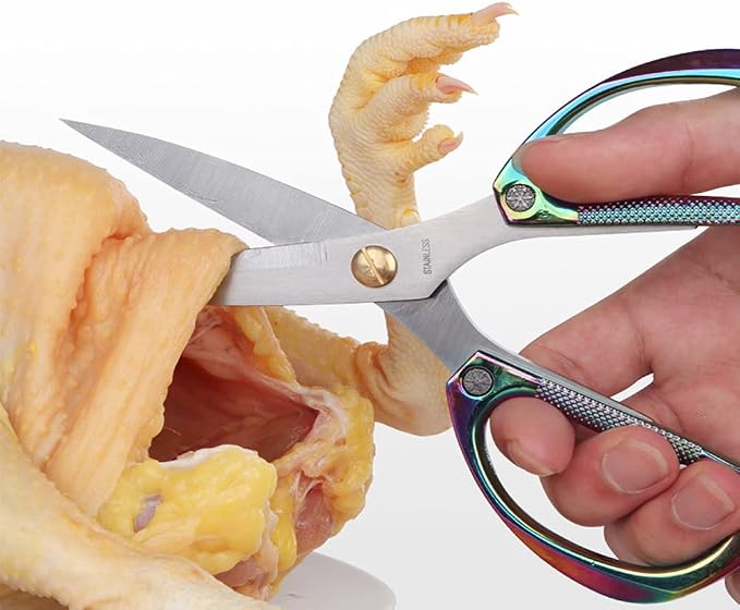 Multi-Purpose Kitchen Shears Scissors, Heavy Duty Stainless Steel Kitchen Scissors for Food with Strong Straight Edge Snips Colorful Handle (Iridescent Color)