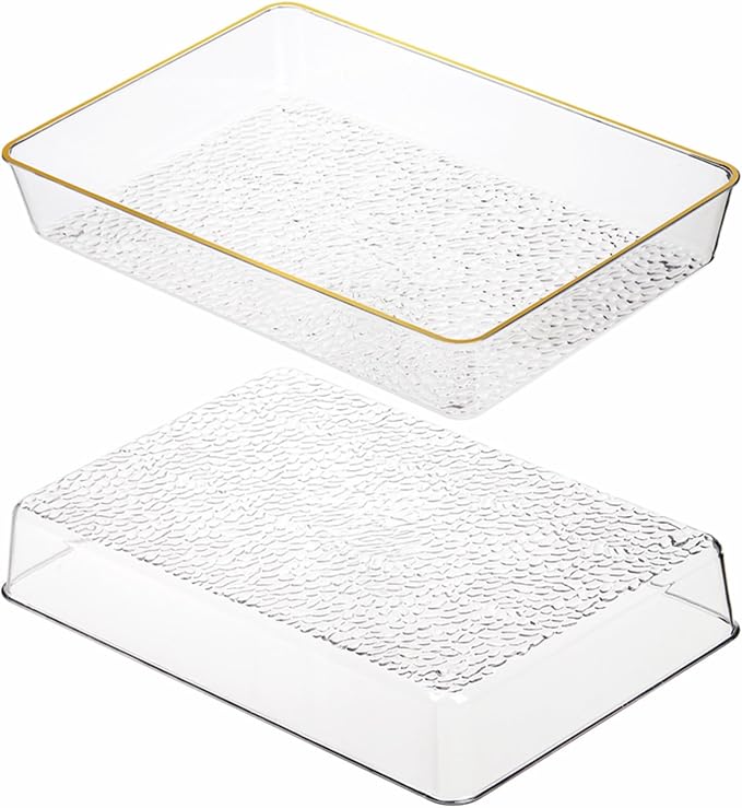 Cididu 4 Pack Clear Serving Trays, Deep Serving Platters Rectangle 12'' x 8'', Decorative Tray with Gold Rim, Reusable Plastic Tray Organizer for Coffee Table Pantry Party Food Display Spill Proof