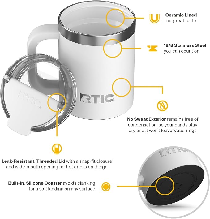 RTIC 12oz Essential Mug with Lid and Handle, Ceramic Lined, White | Stainless Steel Metal, Insulated Travel Cup for Hot and Cold Drinks, Coffee, Car, Camping and Travel