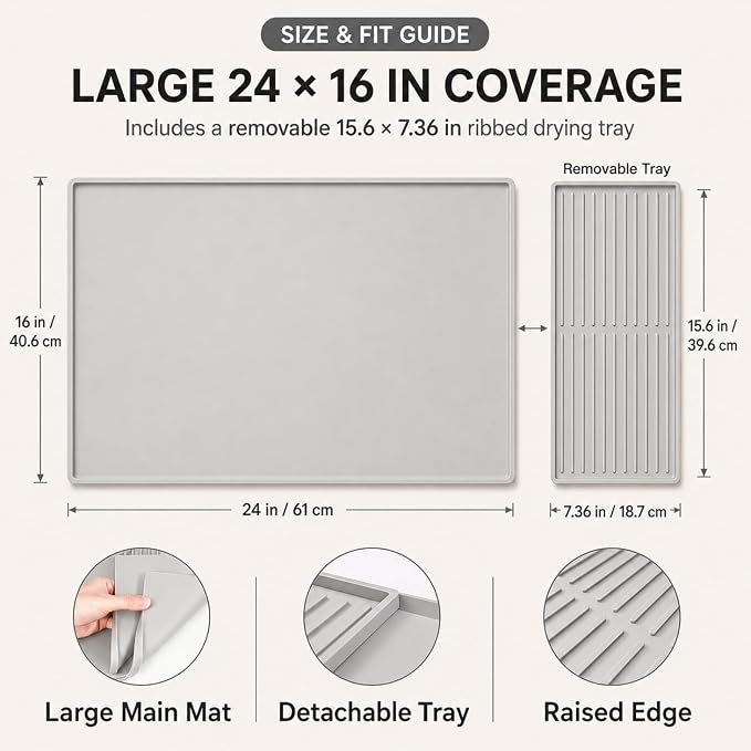 Silicone Coffee Mat 24 x 16 in with Tray, Minimal Light Gray | Coffee bar mat for countertop use, coffee station mat or coffee machine mat with removable tray and 0.47 in raised rim.