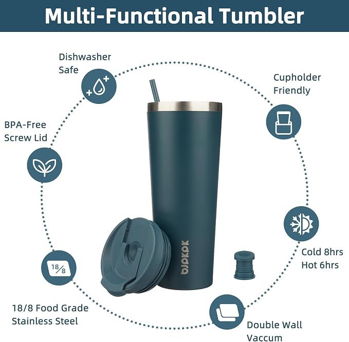 BJPKPK 26 oz Coffee Tumbler with Straw, Insulated Stainless Steel Cup | Double Wall Vacuum, Leak Proof Lid, Keeps Hot/Cold/Iced, BPA Free, Dishwasher Safe, Travel & Outdoor, Navy Blue