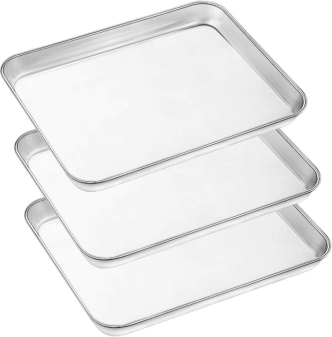 Baking Pans Sheet, 3 Piece Large Cookie Sheets Stainless Steel Baking Pan for Toaster Oven, Umite Chef Non Toxic Tray Pan, Mirror Finish, Easy Clean, Dishwasher Safe, 10 x 8 x 1 inch