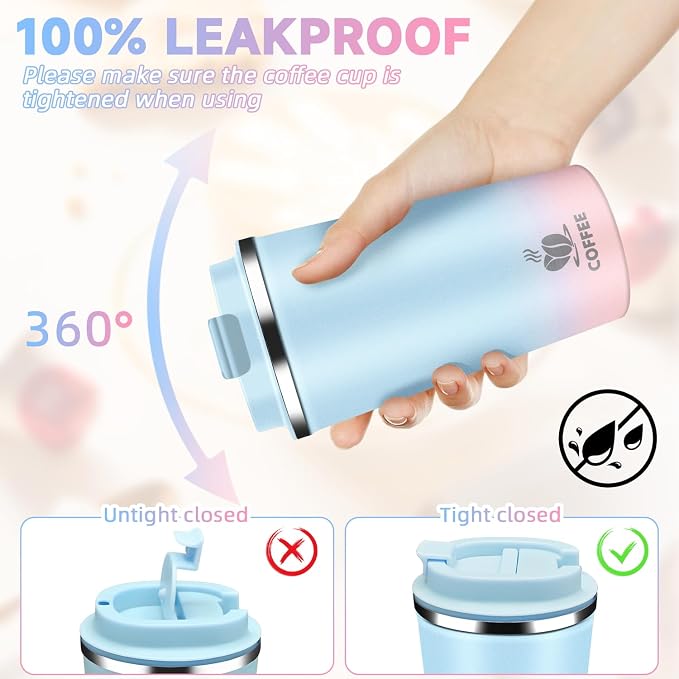 Insulated Travel Coffee Mug Reusable Coffee Tumbler Cup with Flip Lid Leak Proof Spill Proof for Office School Party Camping Hot and Cold Drink,Stainless Steel 17oz (Blue Pink)