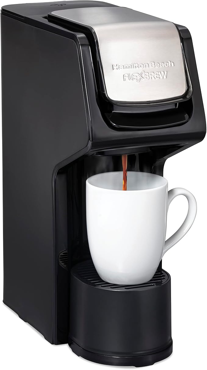 Hamilton Beach 49918 FlexBrew Single-Serve Coffee Maker Compatible with Pod Packs and Grounds, 14 oz, Black, Stainless - Fast Brew