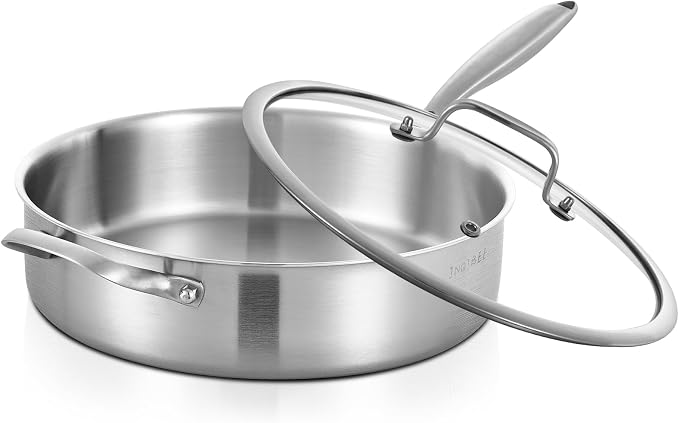 Inqibee 6 QT Tri-Ply Stainless Steel Saute Pan with Lid | Deep Frying Pan with Helper Handle | 12 Inch | Induction Compatible | Oven & Dishwasher Safe | Serves 5–7 People