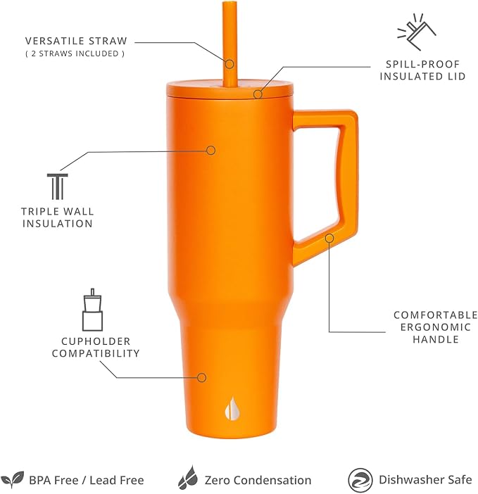 Elemental Spill Proof 40oz Insulated Tumbler with Handle & Straw Travel Mug | Stainless Steel Commuter Travel Coffee Mug for Cold Beverages, Includes 2 Straws & a Spill Proof Lid for Everyday Use