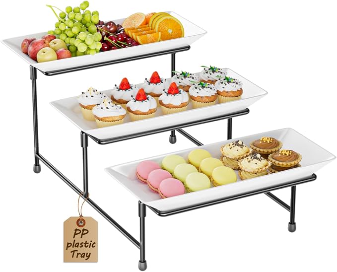3 Tier Serving Tray, 12'' Collapsible BPA Free Dessert Stand, Black | 3-Tier Serving Platter. BPA-Free, Shatterproof. Steel Frame, Collapsible. Ideal For Parties, Weddings, BBQ & Holiday Events.