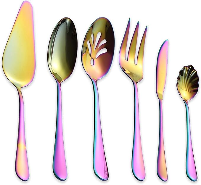 Berglander Stainless Steel Golden Titanium Plated Flatware Serving Set 6 Pieces, 5 Serving Pieces of 45 Pieces Flatware With 1 Cake Server,Serving Silverware Set (Shiny Golden)
