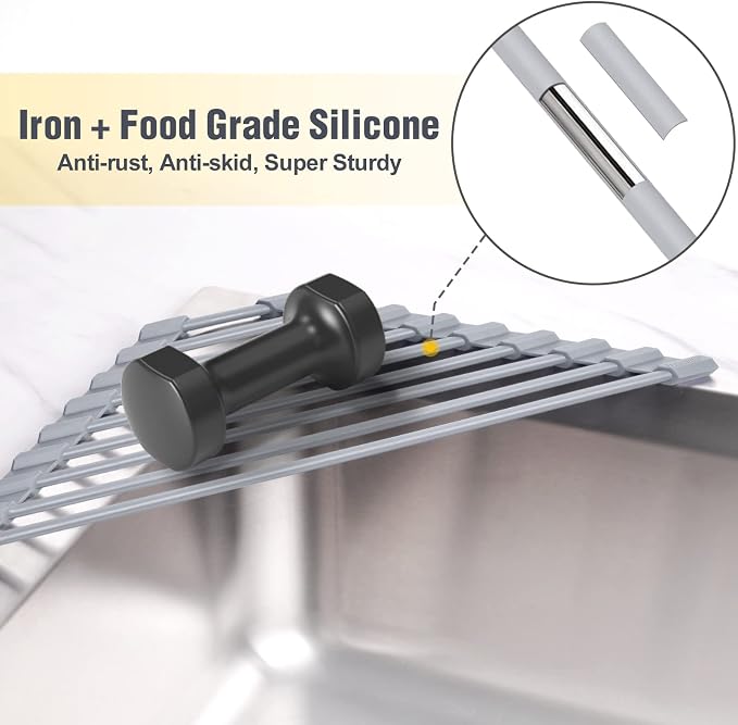 Tomorotec Triangle Roll Up Dish Drying Rack with Silicone Coating, Gray | 304 Stainless Steel with BPA-Free Silicone, Triangle Design Maximizes Sink Corner Space, Fits Compact Kitchens And RVs