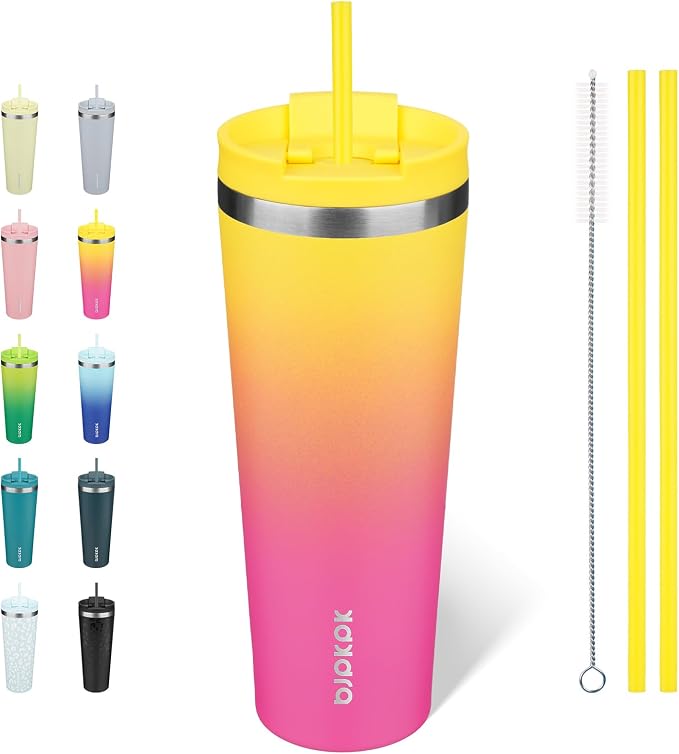 BJPKPK 26 oz Coffee Tumbler with Straw, Insulated Stainless Steel Cup | Double Wall Vacuum, Leak Proof Lid, Keeps Hot/Cold/Iced, BPA Free, Dishwasher Safe, Travel & Outdoor, Pink Yellow Rose