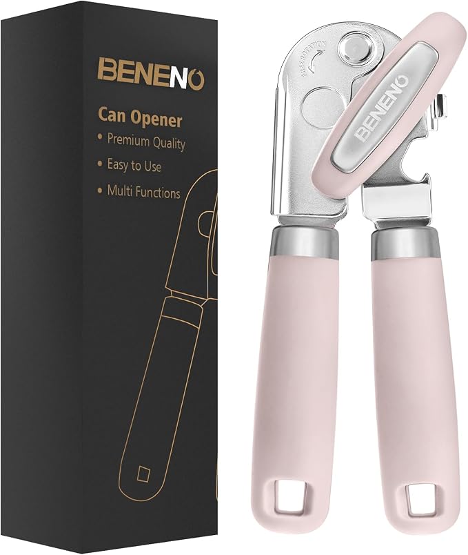 Beneno Heavy Duty Hand Can Opener Manual with Magnet, Light Pink | Razor-Sharp Carbon Steel Blade, Precise Smooth Cutting Gear, Big Effort-Saving Knob, Soft Grip Handle, Built-in Bottle Opener