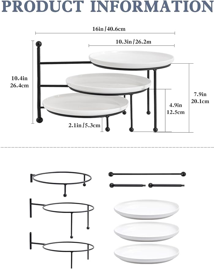 Kanwone 3 Tiered Serving Stand with White Porcelain Plates, 10.3" Round Tray, Dessert Table Display Set, Black Metal Stand, Versatile & Durable