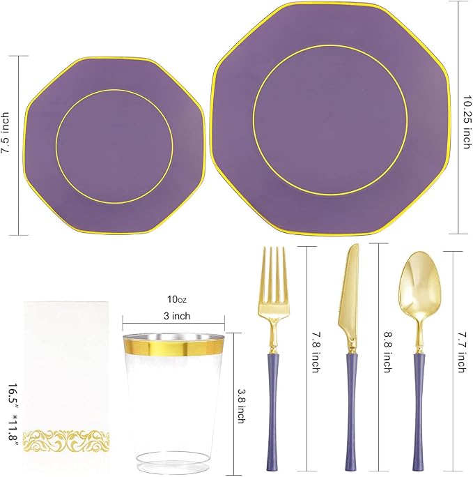 KIRE 140Pcs Purple Plates with Gold Rim - Plastic Plates for Party | Include 40pcs Purple and Gold Plates, Gold Plastic Silverware with Purple Handle&Clear Cups&Hand Napkin for Wedding
