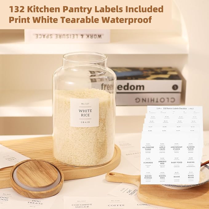 2 Pack Large Glass Flour and Sugar Storage Containers with Airtight Acacia Lids and 132 Kitchen Pantey Labels Preprint - 95 LF OZ Borosilicate Glass Canister Sets for Food,Spaghetti,Cookie,Rice