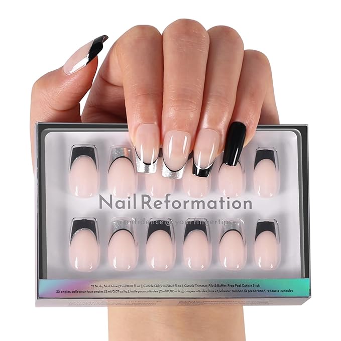 Nail Reformation Press On Nails, Smoky Mirror | Short Coffin Fake Nails | Nude Base & Black Chrome French Tips, Reusable Stick On Nails Kit - 32 Pcs in 16 Sizes with Glue, Manicure Gifts for Women