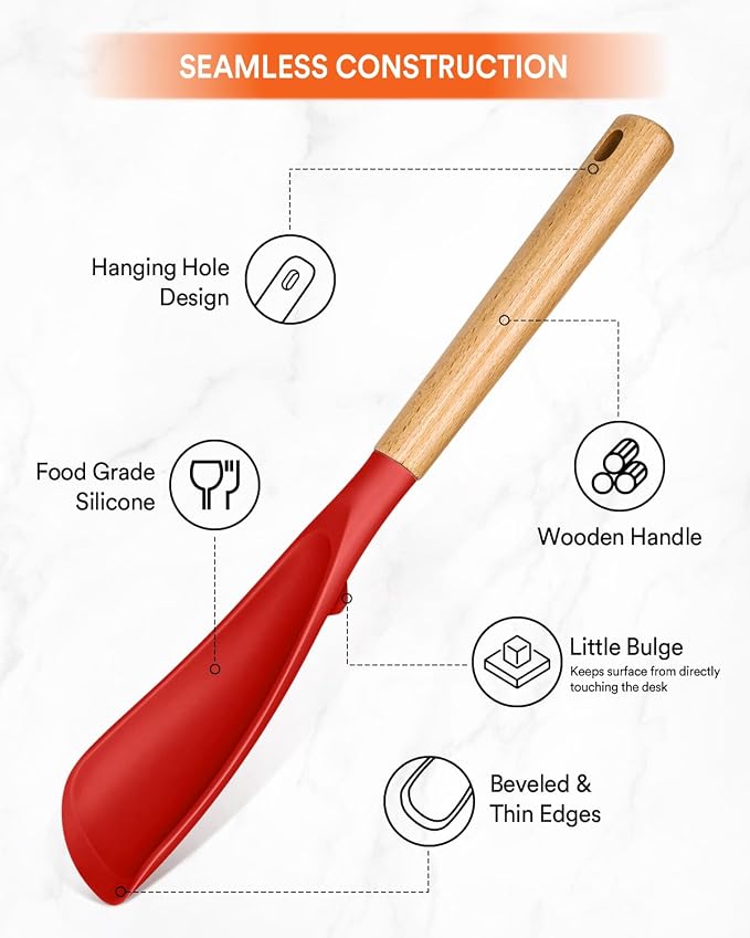 Multifunction Cooking Spoons for Nonstick Cookware,11.4"&13.4", Red | Great for Cooking and Serving, Sturdy BPA-Free Matte Silicone, Wood Handle spoonula for Mixing, Scoop, and Scrape