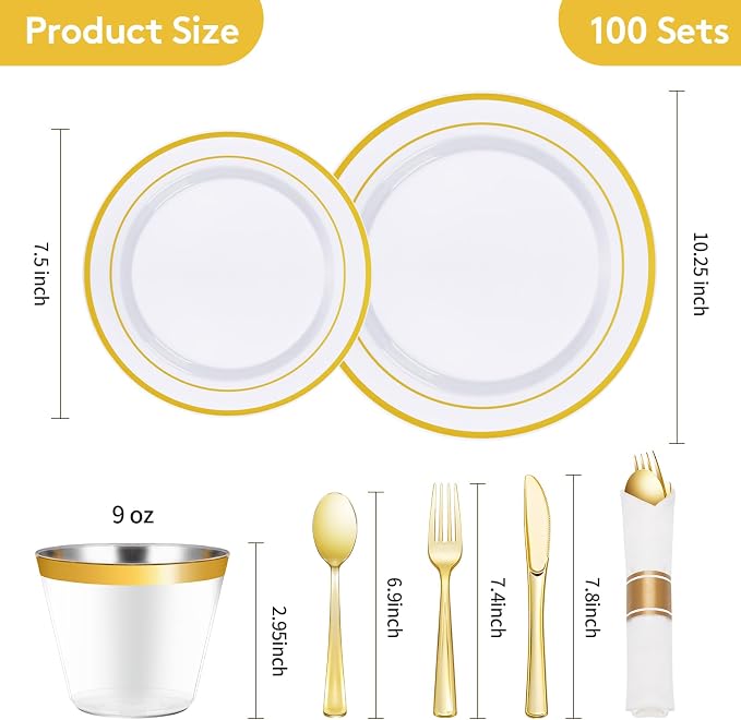 700 Piece Gold Plastic Dinnerware Set for 100 Guests | Disposable Dinnerware Includes: 100 Dinner Plates, 100 Dessert Plates, 100 Pre Rolled Napkins with Silverware, 100 Cups