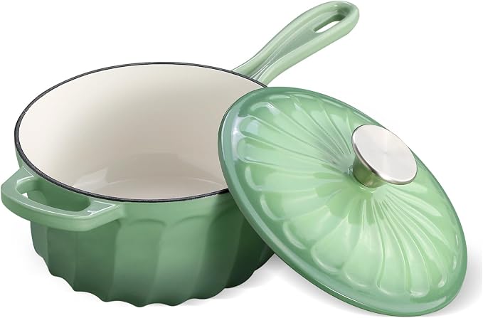 Enameled Cast Iron Sauce Pan, 2 Quart Saucepan with Lid, Small Cast Iron Pot Enamel Saucepan for Cooking Pasta Sauce, Gravy, Puddings, Marinate, Boiling (Fig Green)