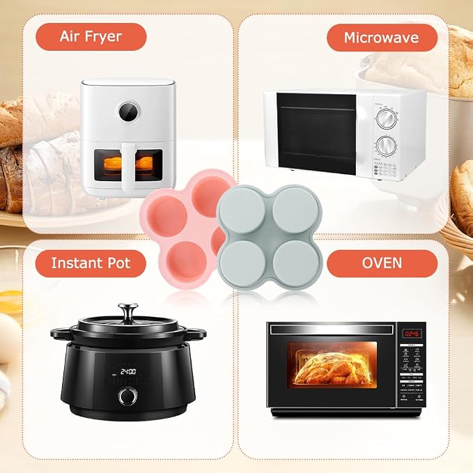 Reusable Silicone Air Fryer Egg Mold, 2 Pcs 4 Cavity Non-Stick Air Fryer Baking Pan with Oil Brush, Silicone Muffin Pans Muffin Cups for Baking, Hamburger Bun Pan(pink,blue)