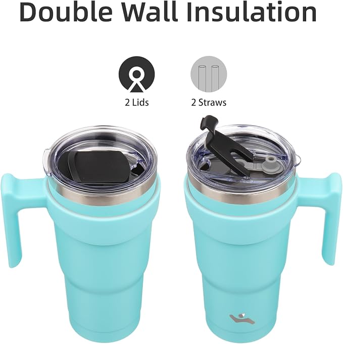 Konokyo 20 oz Tumbler with Handle and Straw, Insulated Travel Mug | Turquoise; BPA-free, leak-proof tumbler with 2 lids, 2 straws, cup holder fit for coffee, office, travel & daily use