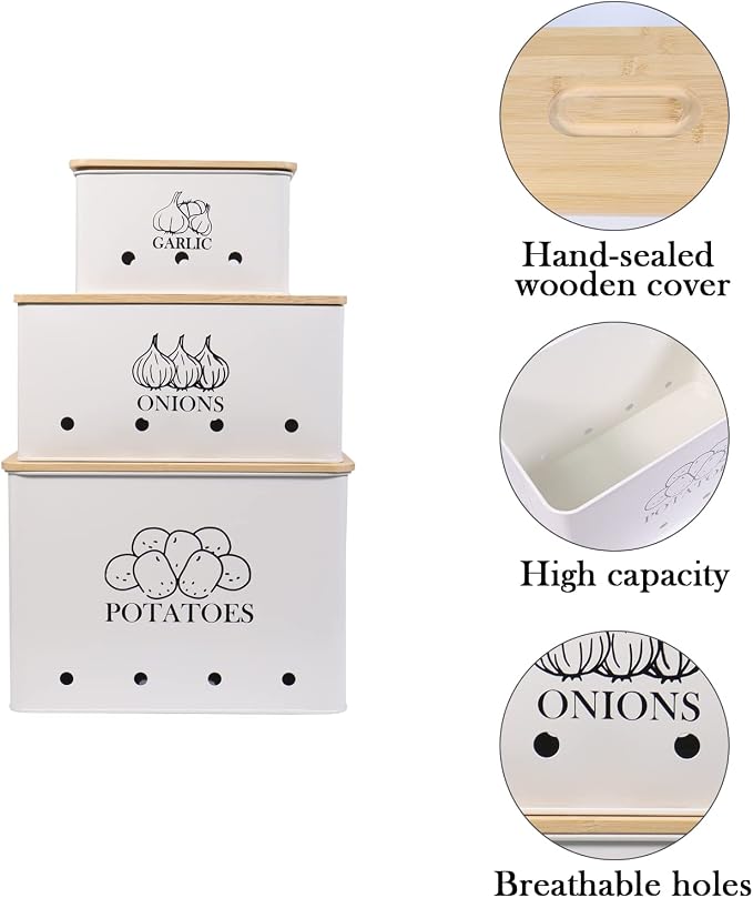 Kitchen Vegetable Storage Tins Set of 3 for Potato Onion & Garlic with Wooden Lid and Aerating Holes, Kitchen Storage Canisters Set, Vintage Kitchen Decor - White