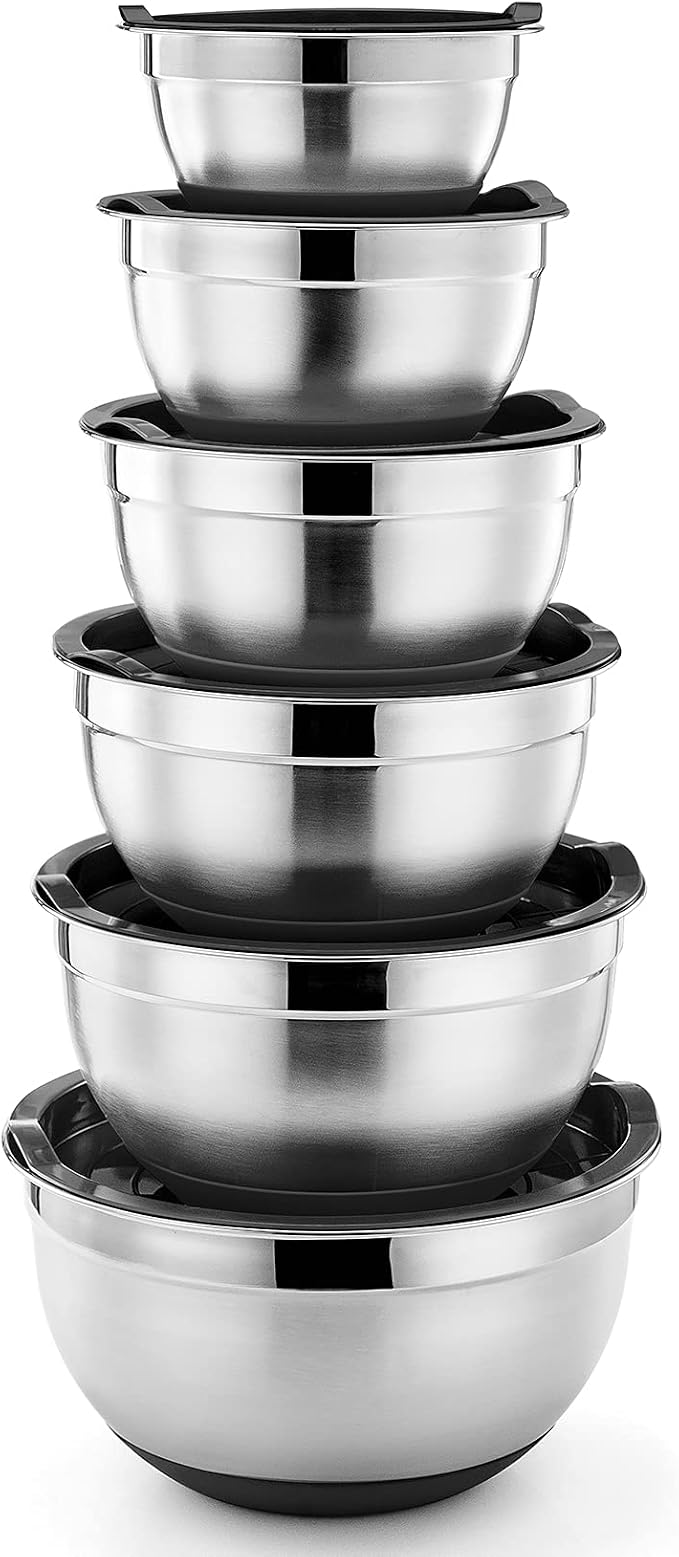 P&P CHEF Stainless Steel Mixing Bowls With Lids, Set of 6, Black | Salad Nesting Mixing Bowls & Fitting Lids & Non-Slip Silicone Bottom, Ideal for Mixing, Storing, Size 0.7/1/1.5/2.5/3/4.6 Qt