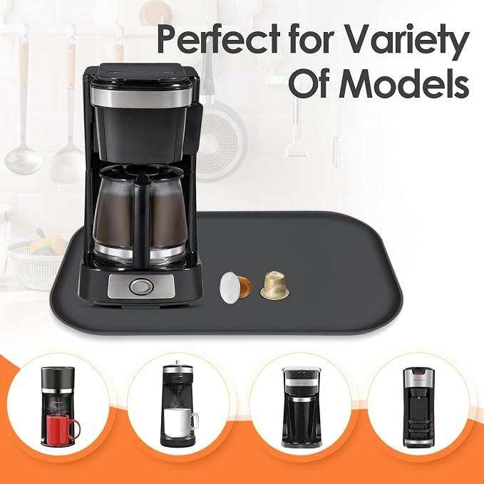 Silicone Coffee Maker Mat with Lip for Countertops, 17.4'' x 10.6'', Black | Multi leak-proof coffee tray for countertop, non-slip silicone mat fits most coffee makers & espresso machines, wipe-clean